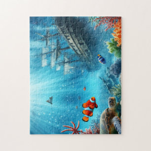 Puzzle Sous la mer, tortue, corail, bateau, poisson clown