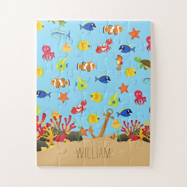 Puzzle Sous l'océan marin Poisson et Ancre Nom de l'enfan (Vertical)