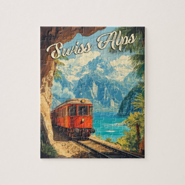 Puzzle Souvenir de Locomotive à vapeur rouge : Alpes suis (Vertical)