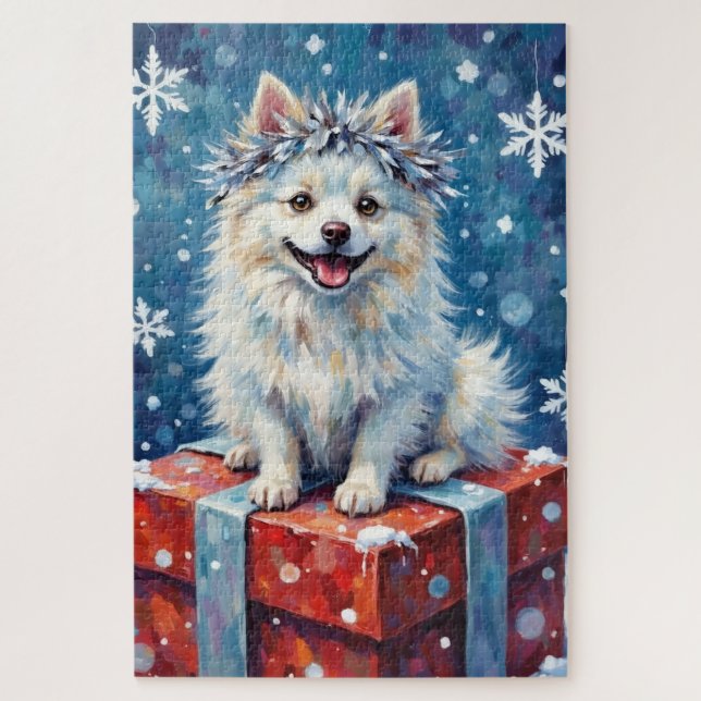 Puzzle Sparkling American Eskimo Dog Festive Gift Cushion (Vertical)