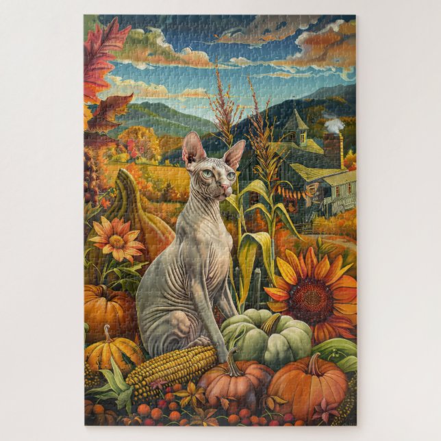 Puzzle Sphynx Chat Automne Harvest Thankgiving (Vertical)