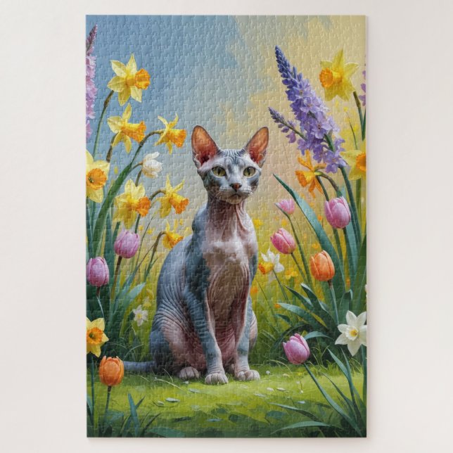 Puzzle Sphynx Chat Fleurs de printemps Peinture (Vertical)