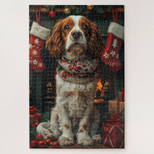 Puzzle Springer Spaniel avec un cadeau de Noël devant la 
