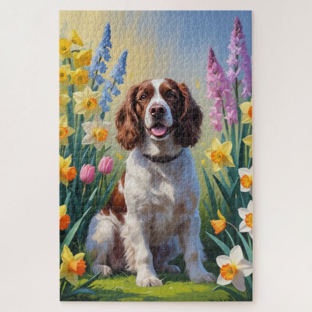 Puzzle Springer Spaniel Chien Fleurs de printemps Peintur (Vertical)