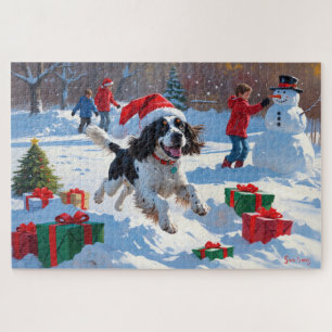 Puzzle Springer Spaniel courant dans la neige avec un cha