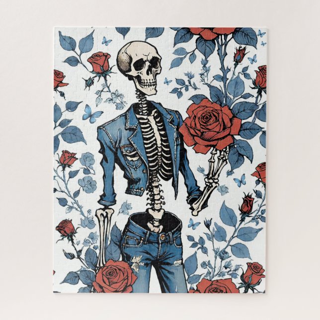 Puzzle Squelette cool en Jean Veste avec Roses rouges (Vertical)