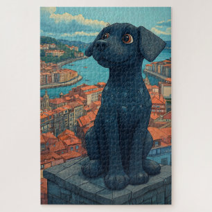 Puzzle Statue de Chiot Noir Vue sur la ville