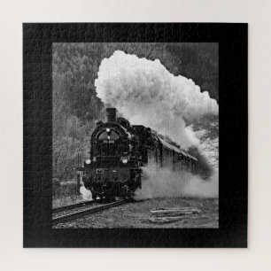 Puzzle Steam engine locomotive black white train forest