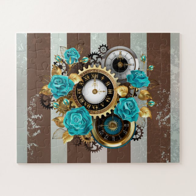 Puzzle Steampunk Clock and Turquoise Roses on Striped (Horizontal)
