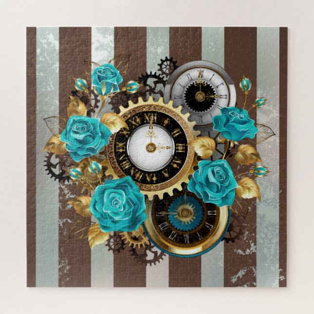 Puzzle Steampunk Clock and Turquoise Roses on Striped (Horizontal)