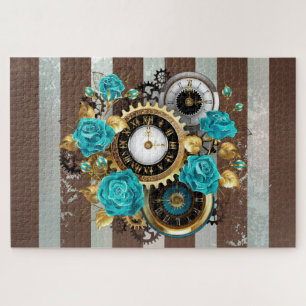 Puzzle Steampunk Clock and Turquoise Roses on Striped