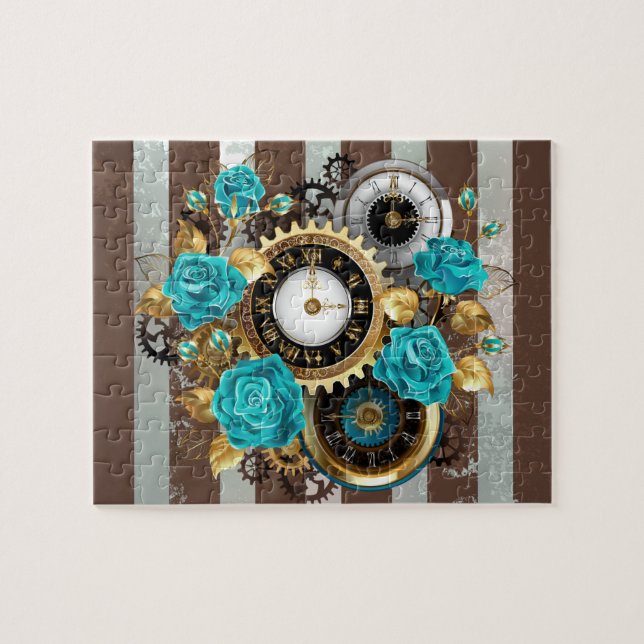 Puzzle Steampunk Clock and Turquoise Roses on Striped (Horizontal)