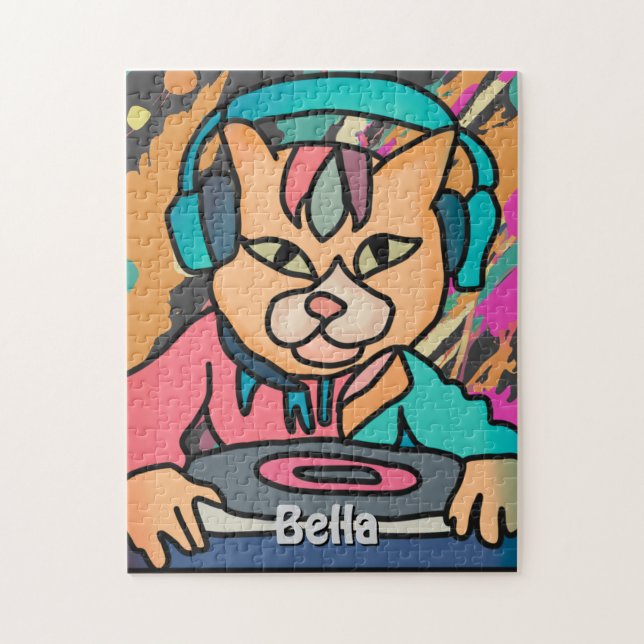 Puzzle Street Retro Chat avec casque | Drôle (Vertical)