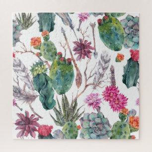 Puzzle Style Boho, Aquarelle Vintage Cactus.