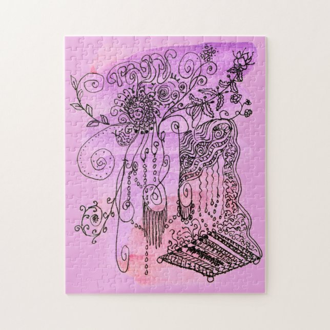 Puzzle Stylo et encre orange violet Abstrait Art Floral (Vertical)