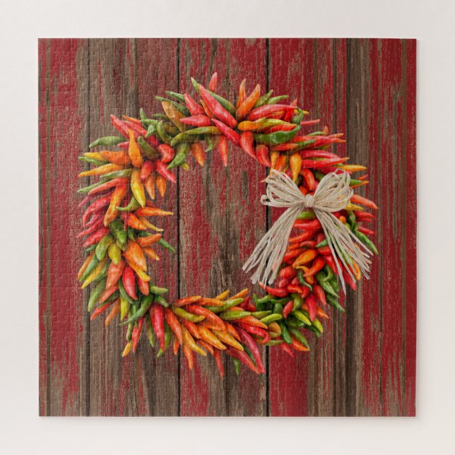 Puzzle Sud-Ouest Chili Ristra Wreath Patiné Bois rouge (Vertical)