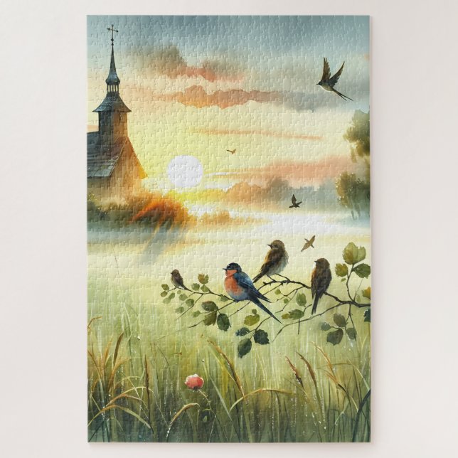Puzzle Sunrise Church with Birds in Misty Meadow No Verse (Vertical)