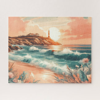 Puzzle Sunset Lighthouse Ocean Beach Boho Floral
