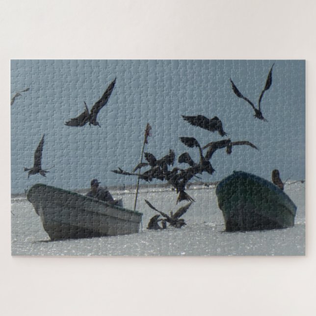 Puzzle sur la faune : Pélicans autour des bateaux  (Horizontal)