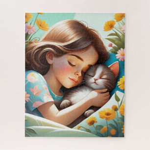 Puzzle Sur l'illustration, une fille et son chat sont dép