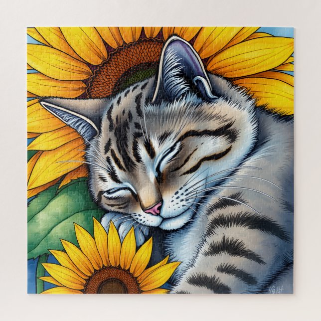Puzzle Sweet Napping Gray Cat and Sunflower (Vertical)