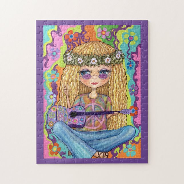 Puzzle Symbole de Paix de Guitare violette Chick Hippie C (Vertical)