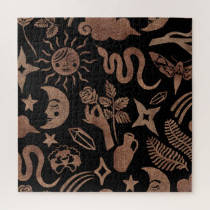 Puzzle Symboles mystiques : serpent, soleil, lune.