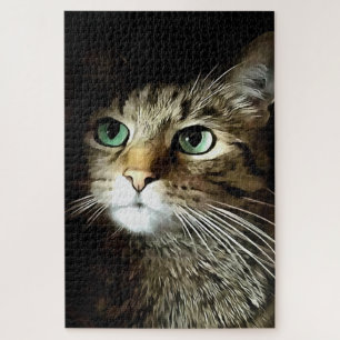 Puzzle Tabby Cat With Green Eyes Isolated On Black