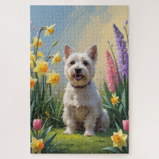 Puzzle Tableau des fleurs de printemps du chien de Cairn  (Vertical)