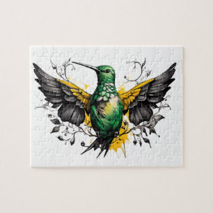 Puzzle Tatouage de colibri vert et jaune Design en blanc