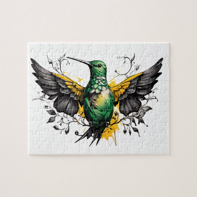 Puzzle Tatouage de colibri vert et jaune Design en blanc (Horizontal)