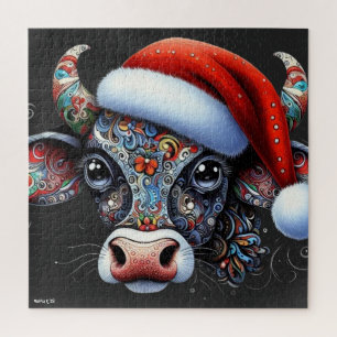 Puzzle Taureau de vache de Noël avec/Santa Hat Art folklo