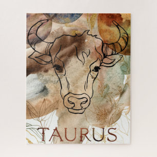 Puzzle Taurus taureau brun or fleurs planète aquarelle