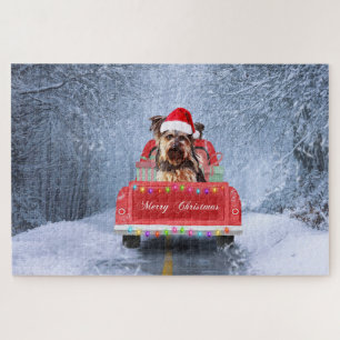 Puzzle Tchiens de Yorkshire dans la neige assis à Noël