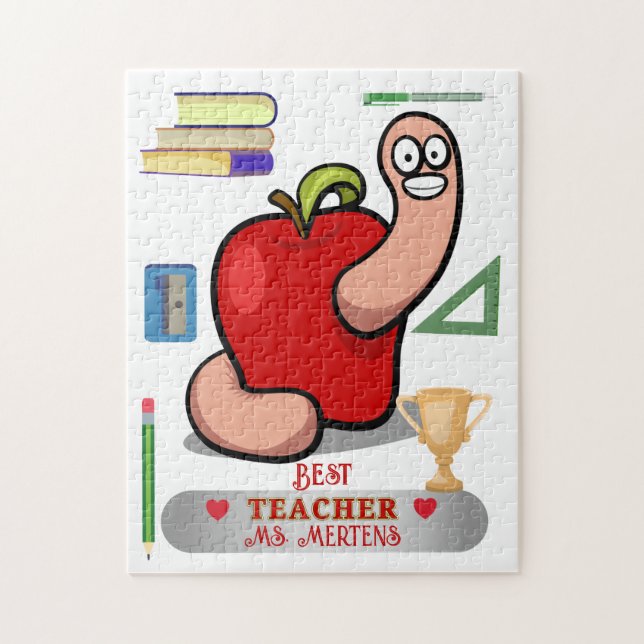 Puzzle Teacher Appréciation Worm in Apple Ajouter un nom (Vertical)