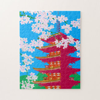 Puzzle Temple japonais avec fleurs de cerisiers