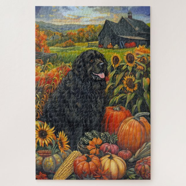 Puzzle Terre-Neuve Chien Récolte d'automne Thankgiving (Vertical)