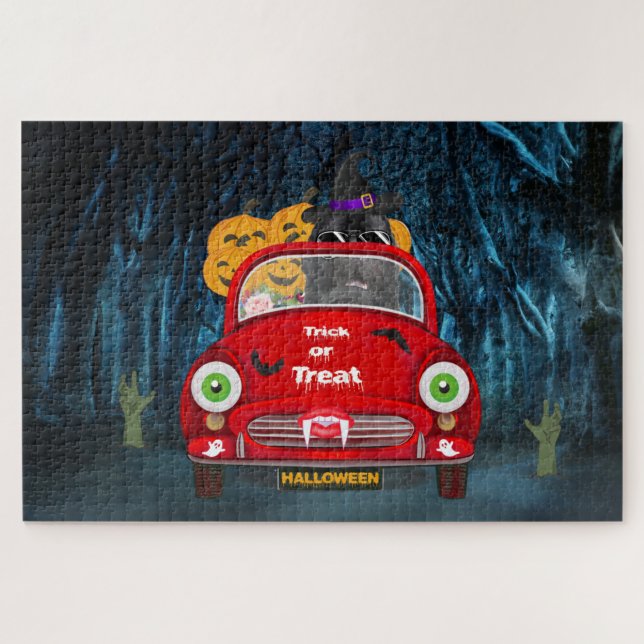 Puzzle Terre-Neuve Chien voiture effrayant Halloween (Horizontal)