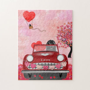 Puzzle Terre-Neuve dans une voiture avec des coeurs