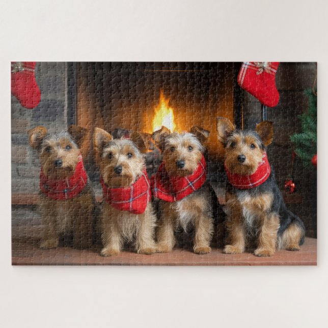 Puzzle Terrier australien près du feu Noël (Horizontal)