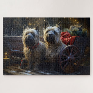 Puzzle Terrier Cairn enneigé traîneau Noël décoration