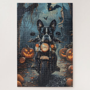 Puzzle Térrier de Boston conduisant une moto Halloween ef
