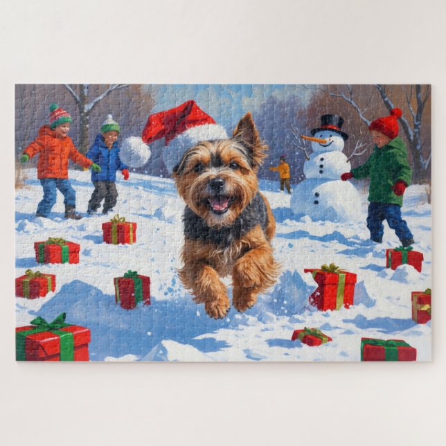 Puzzle Terrier tibétain coule dans la neige avec Casquett (Horizontal)