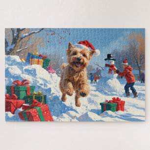 Puzzle Terrier Wheaten courant dans la neige avec un chap