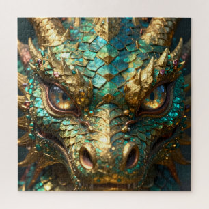 Puzzle Tête de dragon turquoise et or