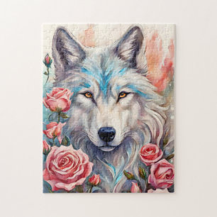 Puzzle tête de loup roses roses animal peinture