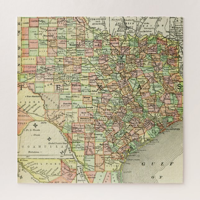Puzzle Texas Antique Carte Colorée Lone Star State Alamo (Vertical)