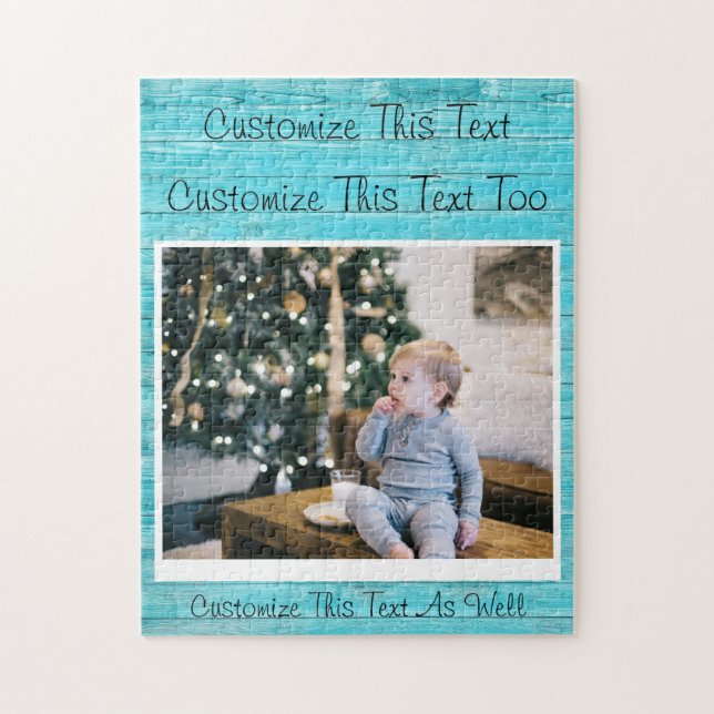 Puzzle Texte personnalisé/Photo Bleu Turquoise Bois Rusti (Vertical)
