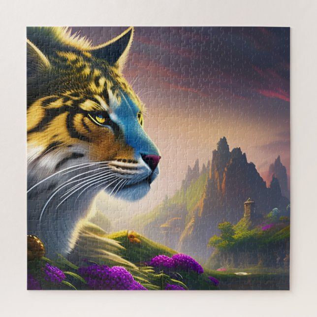 Puzzle Tigre Ancien Surveille son royaume, Fleurs Violett (Vertical)