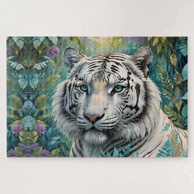 Puzzle Tigre blanc dans une jungle bleue verte (Horizontal)